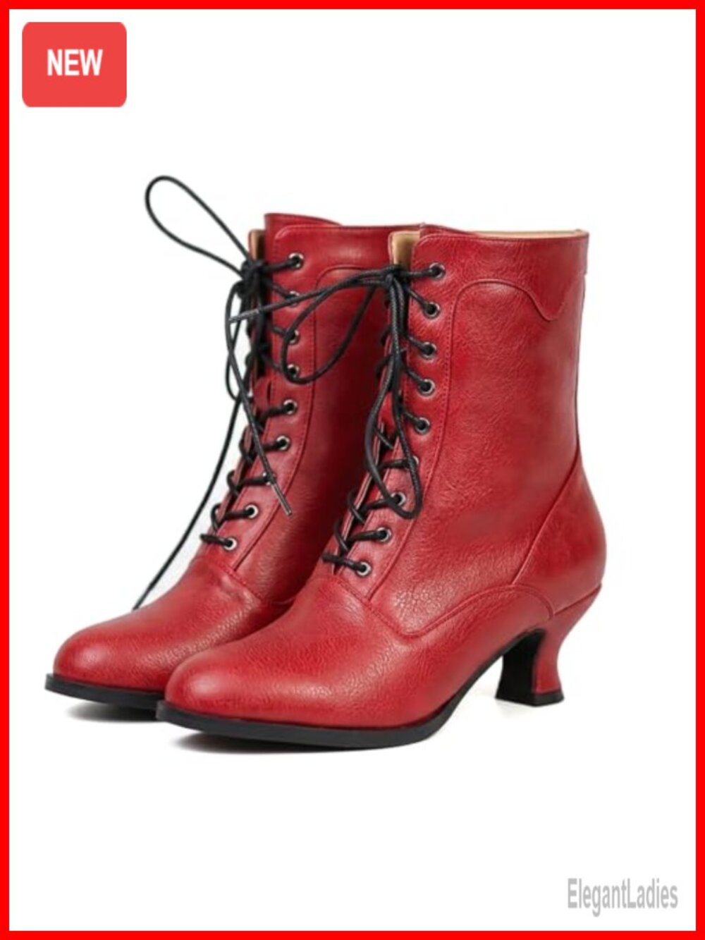 Lace Up Mid Calf Boots Chunky Heel Round Toe Victorian Style